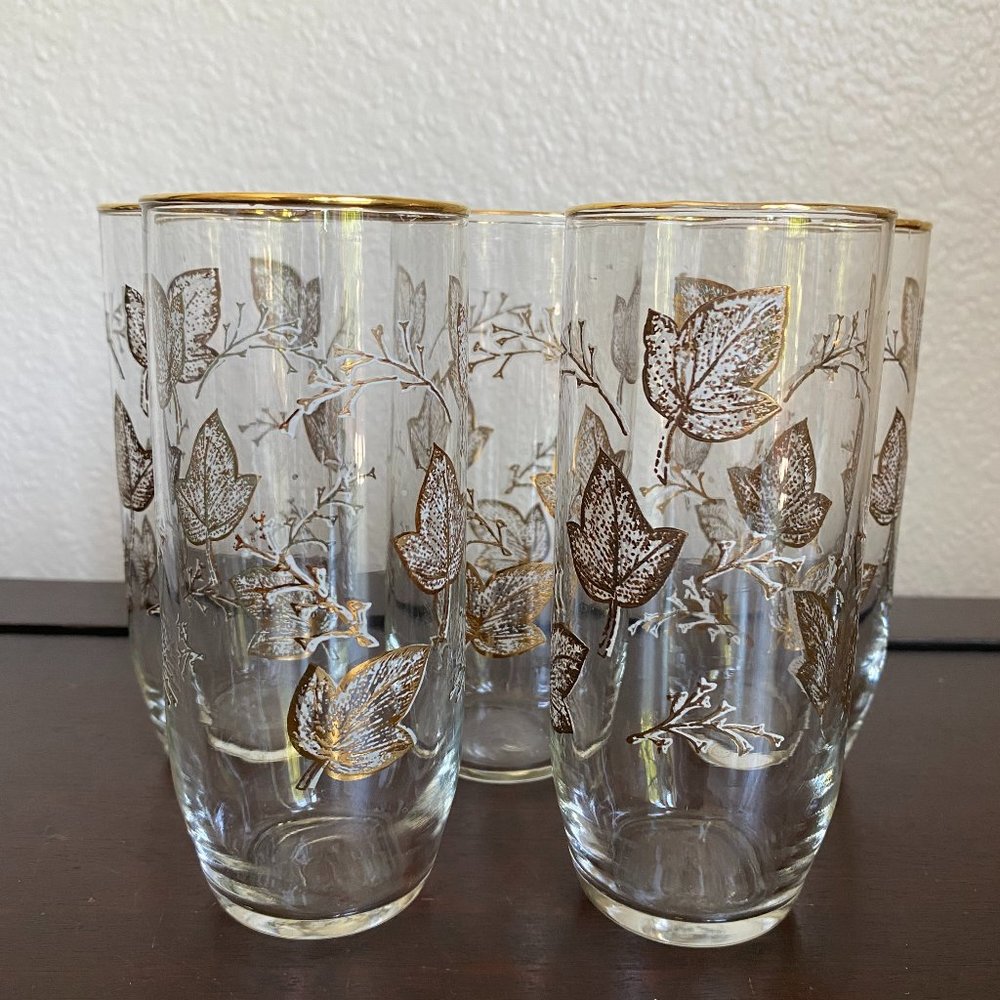 Vintage Gold White Leaf Motif Gold Rimmed Drinkware Glasses Barware Set Of 5